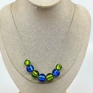 VTG Retro Modern Blue & Green‎ Art Glass Beaded Necklace, Silver Tone Chain, Y2K